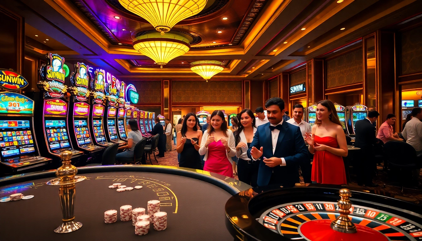 SUNWIN casino floor featuring vibrant slot machines, poker table, and roulette wheel in a luxurious setting.