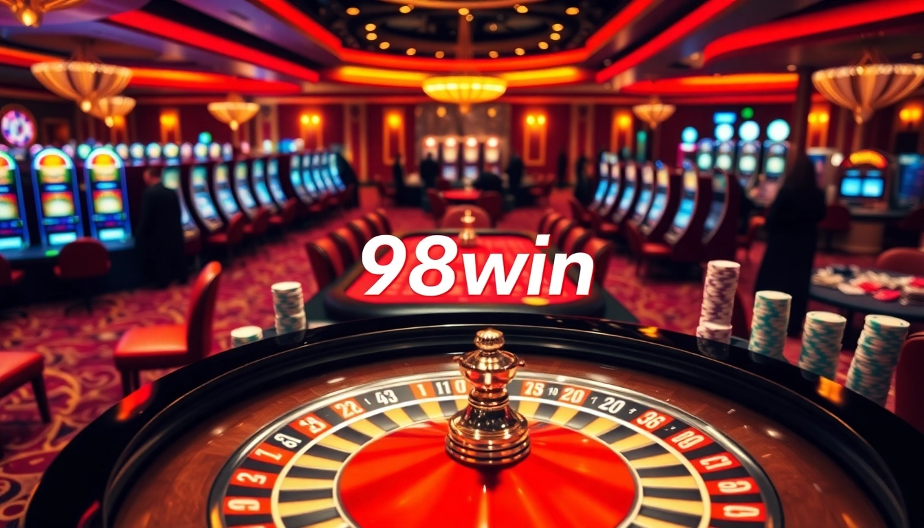 Experience the thrill of winning with 98win at an elegant casino featuring roulette and poker chips.