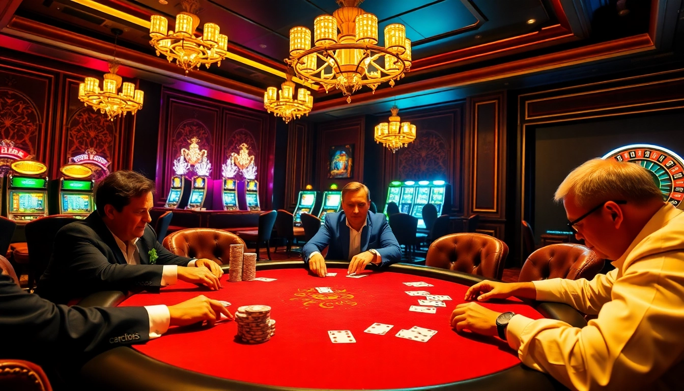 Players enjoying an intense poker game at https://hb88hz.club/ with luxurious casino ambiance.