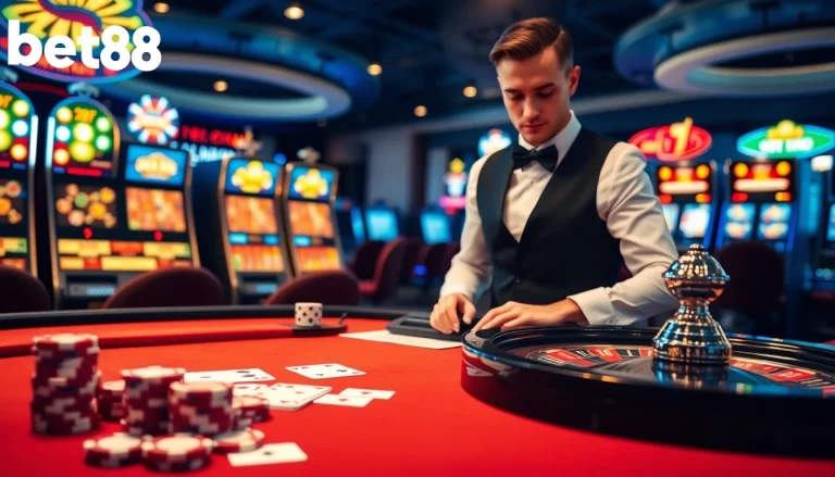 Experience the excitement of betting at bet88 with poker chips, cards, and a glamorous casino table.
