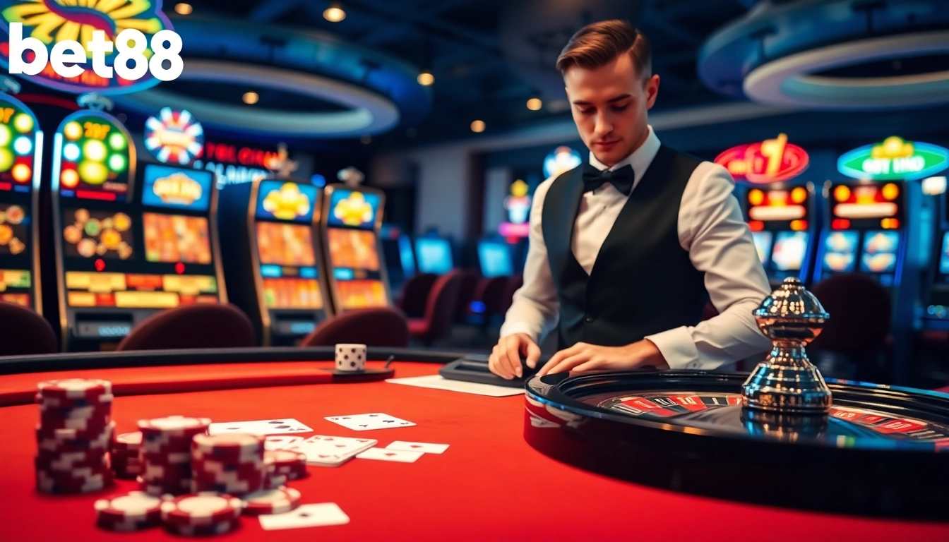 Experience the excitement of betting at bet88 with poker chips, cards, and a glamorous casino table.