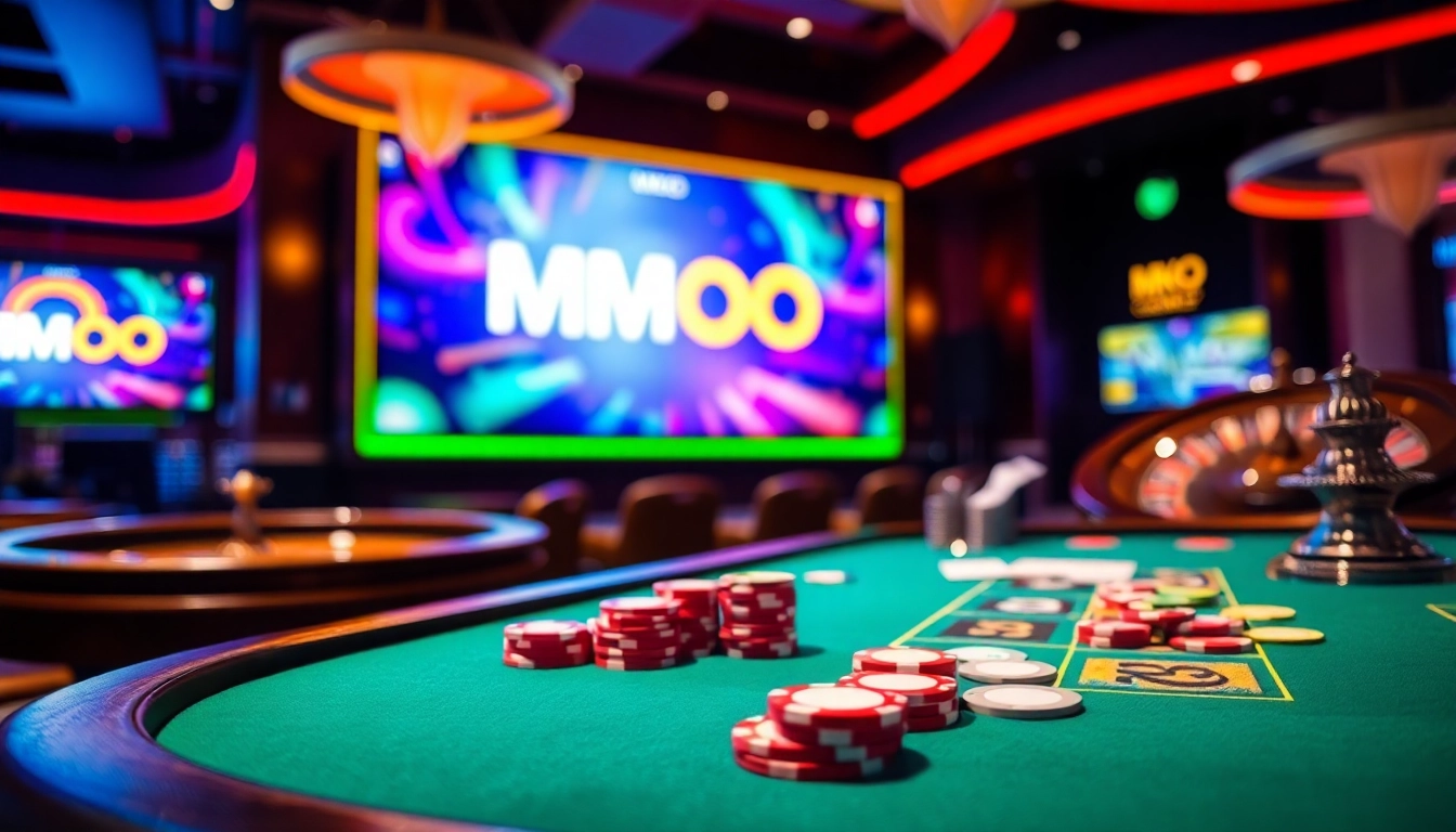 MMOO poker table setting featuring colorful chips and a digital interface for an engaging gambling experience.