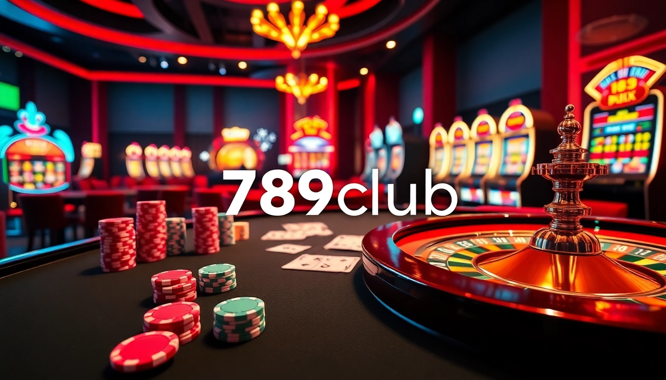 A vibrant casino scene depicting players enjoying games at 789club with poker chips and slot machines.