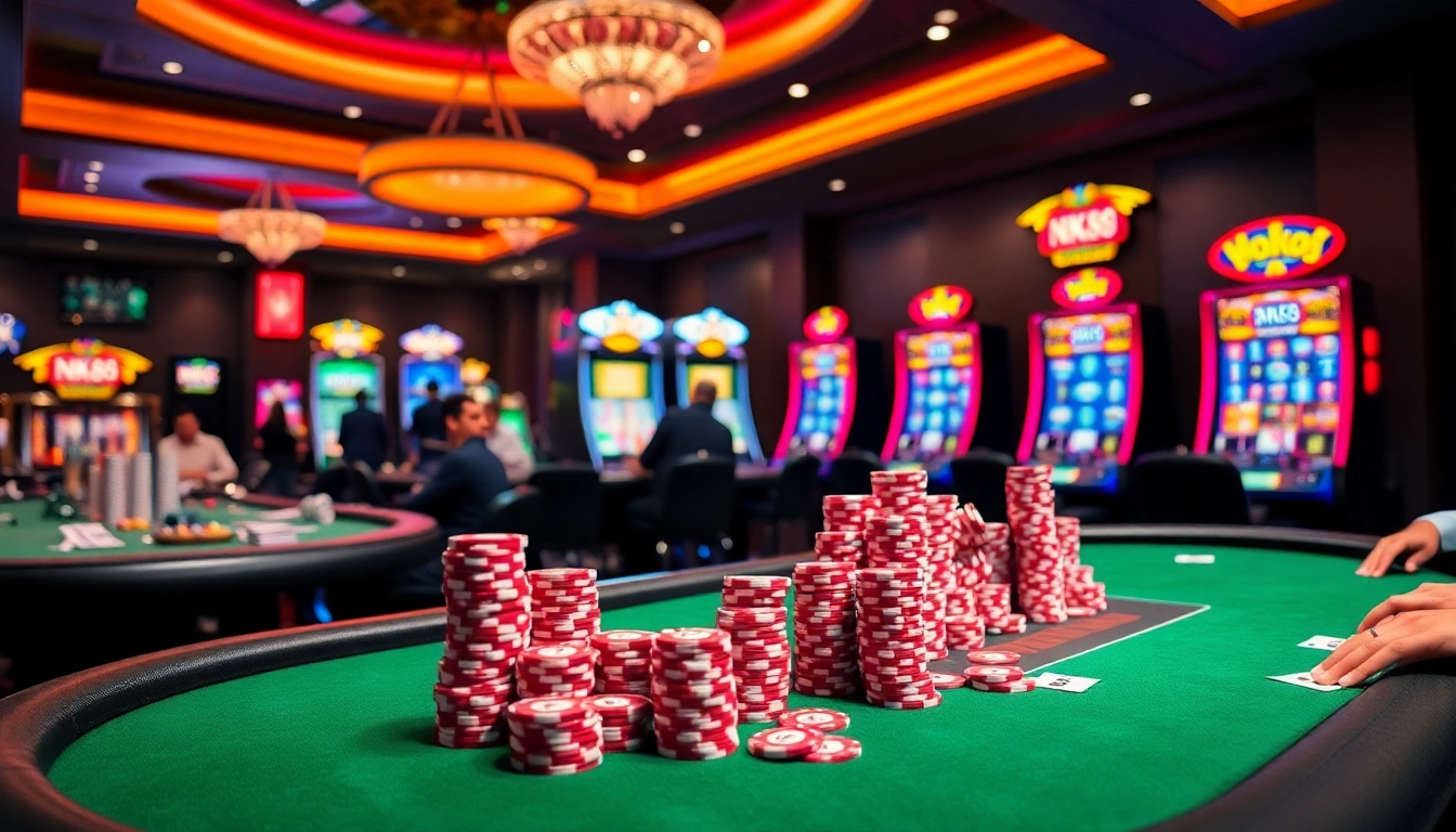 Engaging casino action with NK88-themed poker tables and vibrant slot machines.
