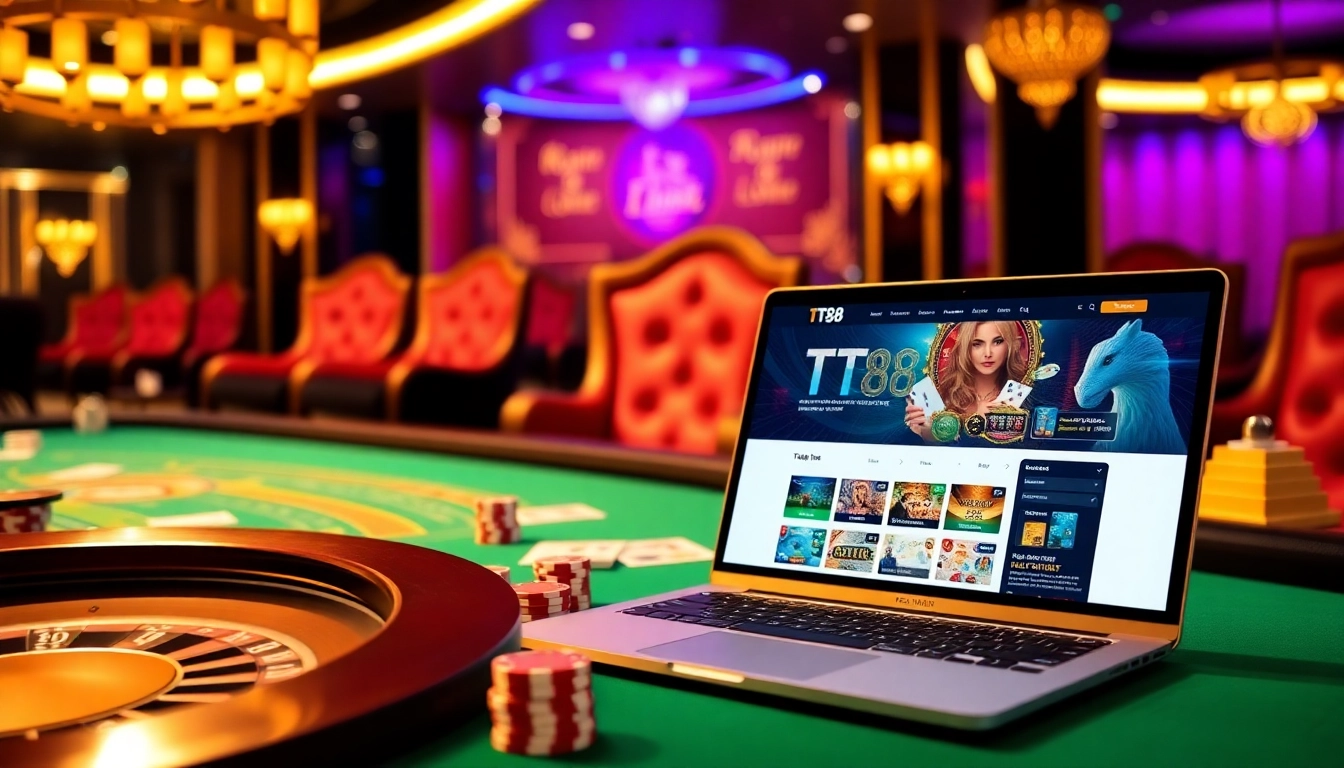 Experience thrilling gameplay at TT88’s high-stakes casino table with poker chips and cards.