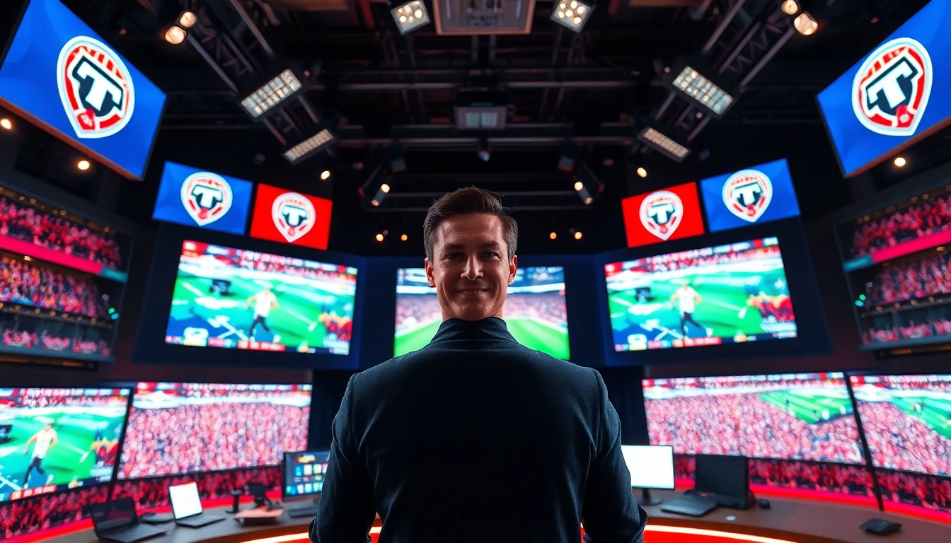 Engaging broadcast in sports broadcasting studio with dynamic visuals displayed on multiple screens.