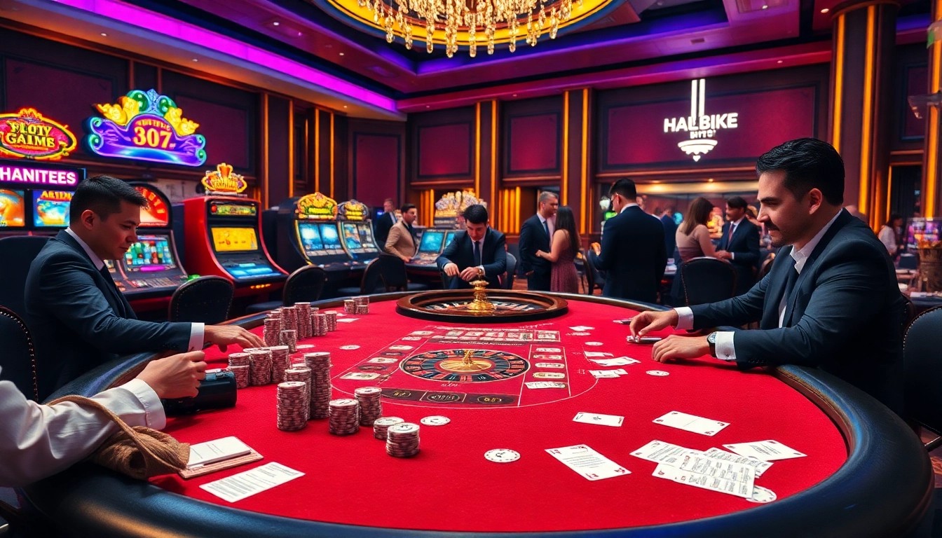 Experience the thrill at hm88.bike with luxurious casino visuals showcasing poker tables and vibrant slot machines.