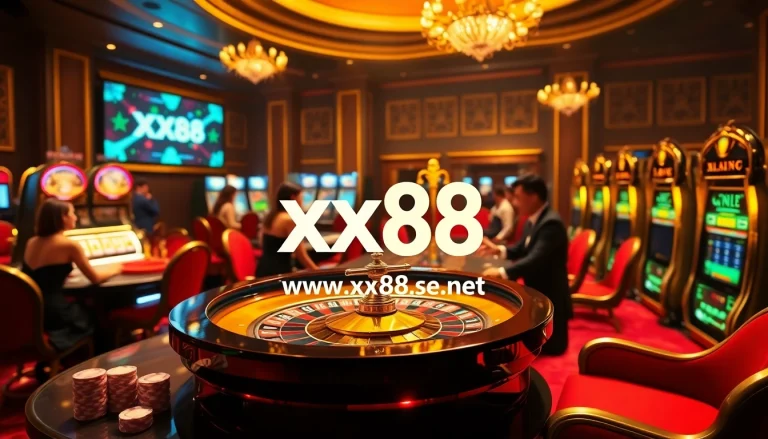 Players enjoying high-stakes games at https://xx88.se.net with vibrant casino decor and digital interfaces.