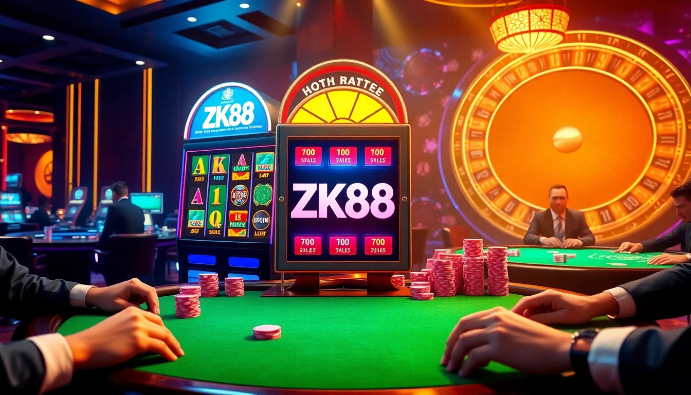 Exciting casino scene showcasing ZK88 with luxurious slot machines and poker tables.