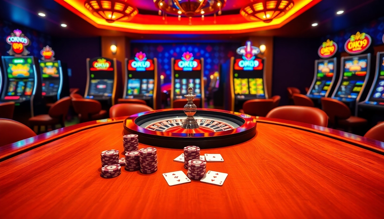 Experience the excitement of OK9 at a vibrant casino table with poker chips and cards.