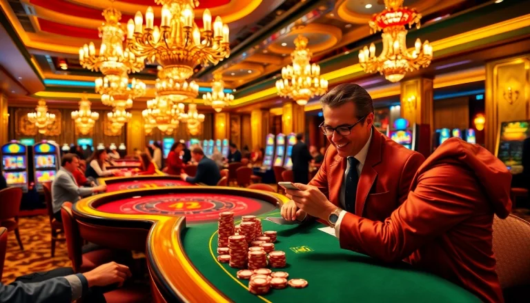 B52 poker chips stack highlighted in an opulent casino scene with glamorous table games.