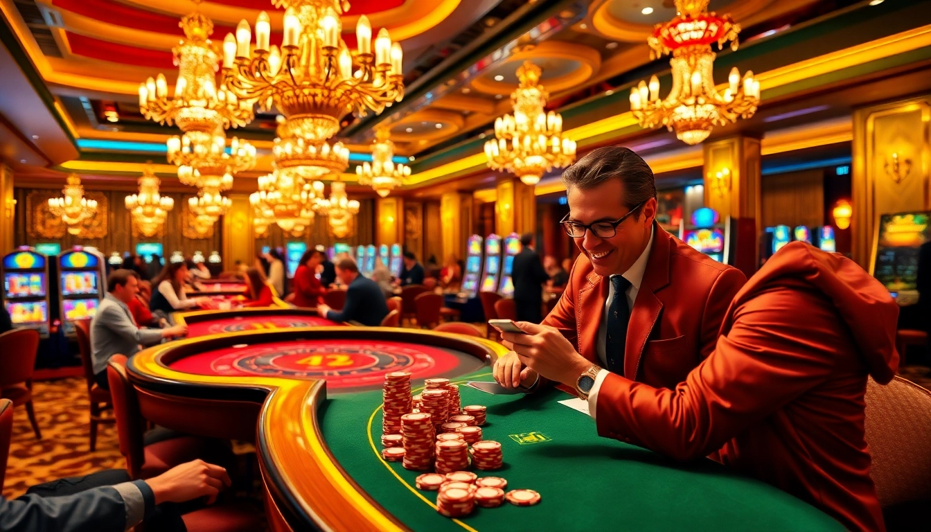 B52 poker chips stack highlighted in an opulent casino scene with glamorous table games.