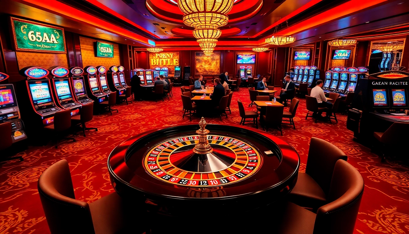 High-stakes players enjoying a luxurious casino experience at 65A with roulette and slot machines.