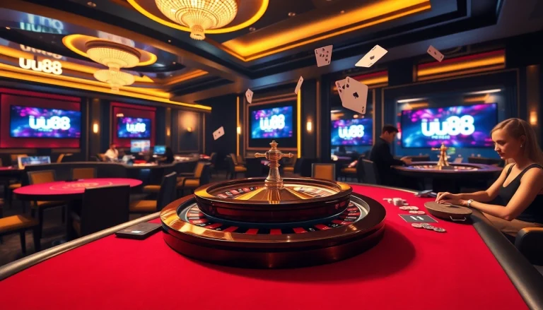 High-stakes roulette at uu88 casino, featuring vibrant neon lights and players engaged in the action.