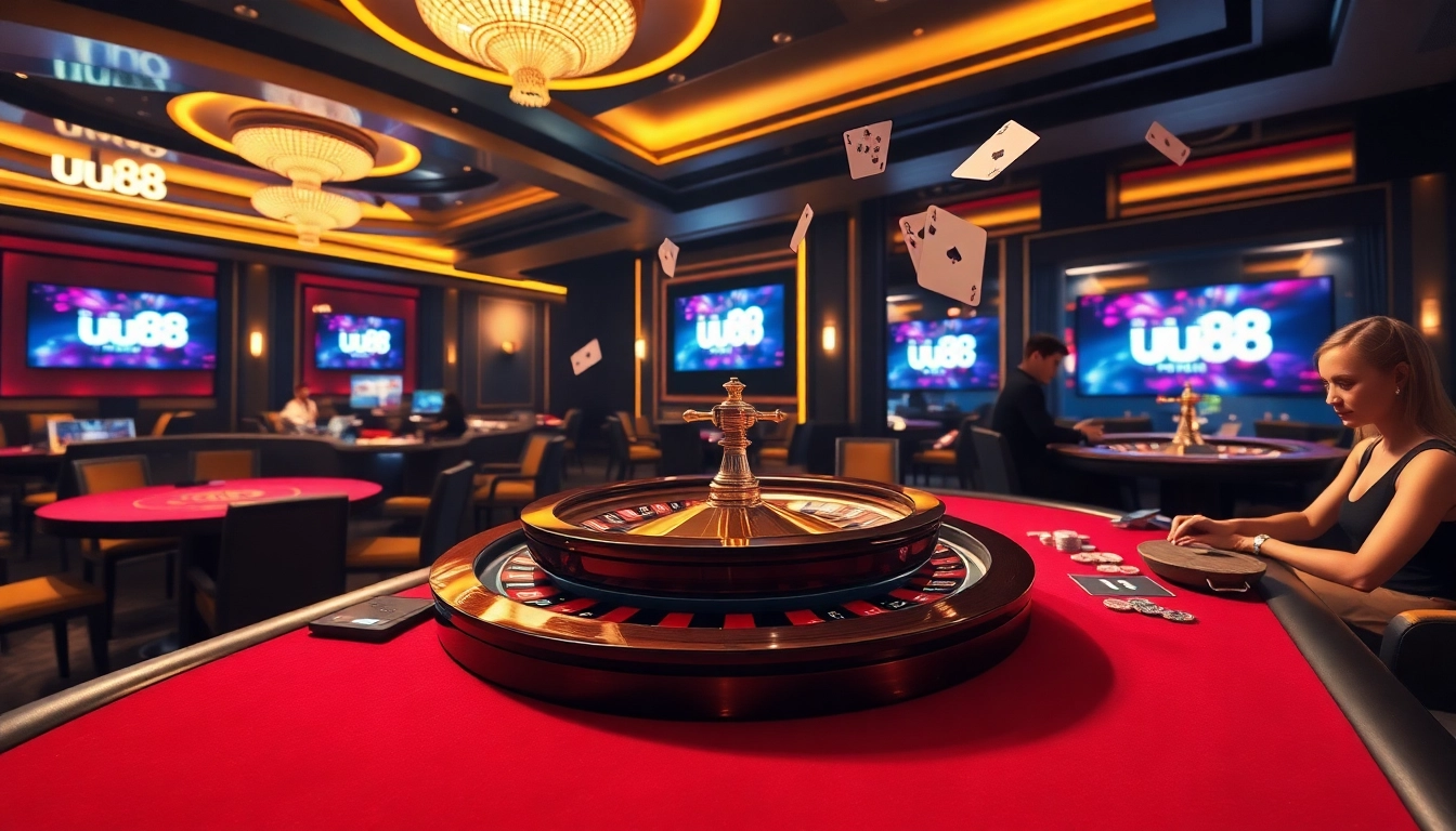 High-stakes roulette at uu88 casino, featuring vibrant neon lights and players engaged in the action.