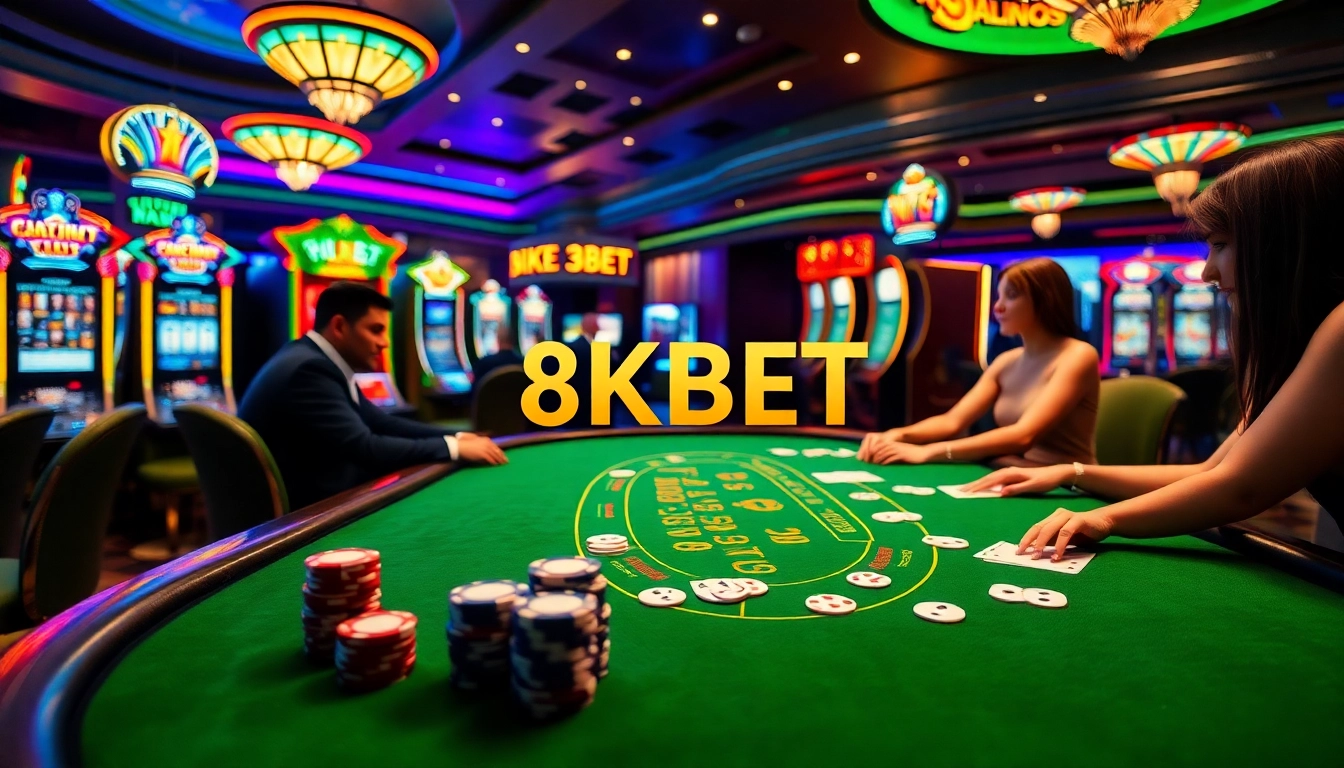 Players enjoying games at 8KBET, showcasing luxury and excitement in a vibrant casino environment.