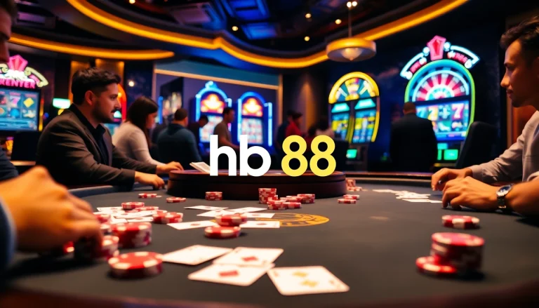 Experience the thrill of hb88 at a luxurious casino table filled with poker chips and vibrant gaming action.