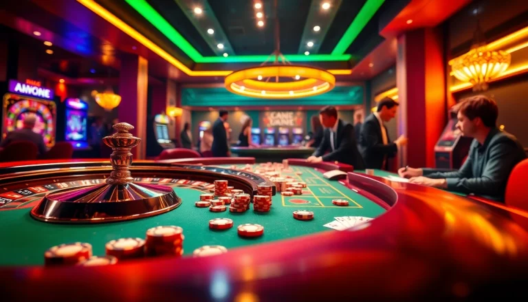 Players enjoying high-stakes gaming at Rikvip, featuring poker chips and a roulette wheel in a vibrant casino scene.