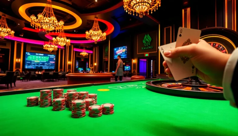 A thrilling gambling action at xn88 .com with poker chips, cards, and a digital betting interface.