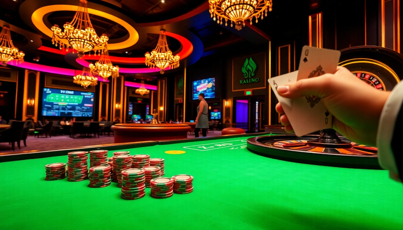 A thrilling gambling action at xn88 .com with poker chips, cards, and a digital betting interface.