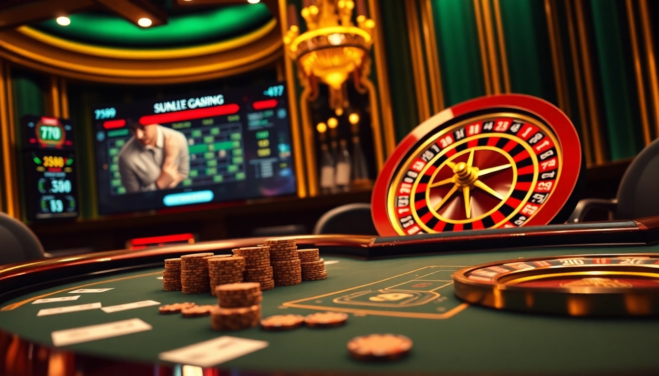 Engaging scene of sv388 online gambling with poker chips, casino tables, and a roulette wheel.