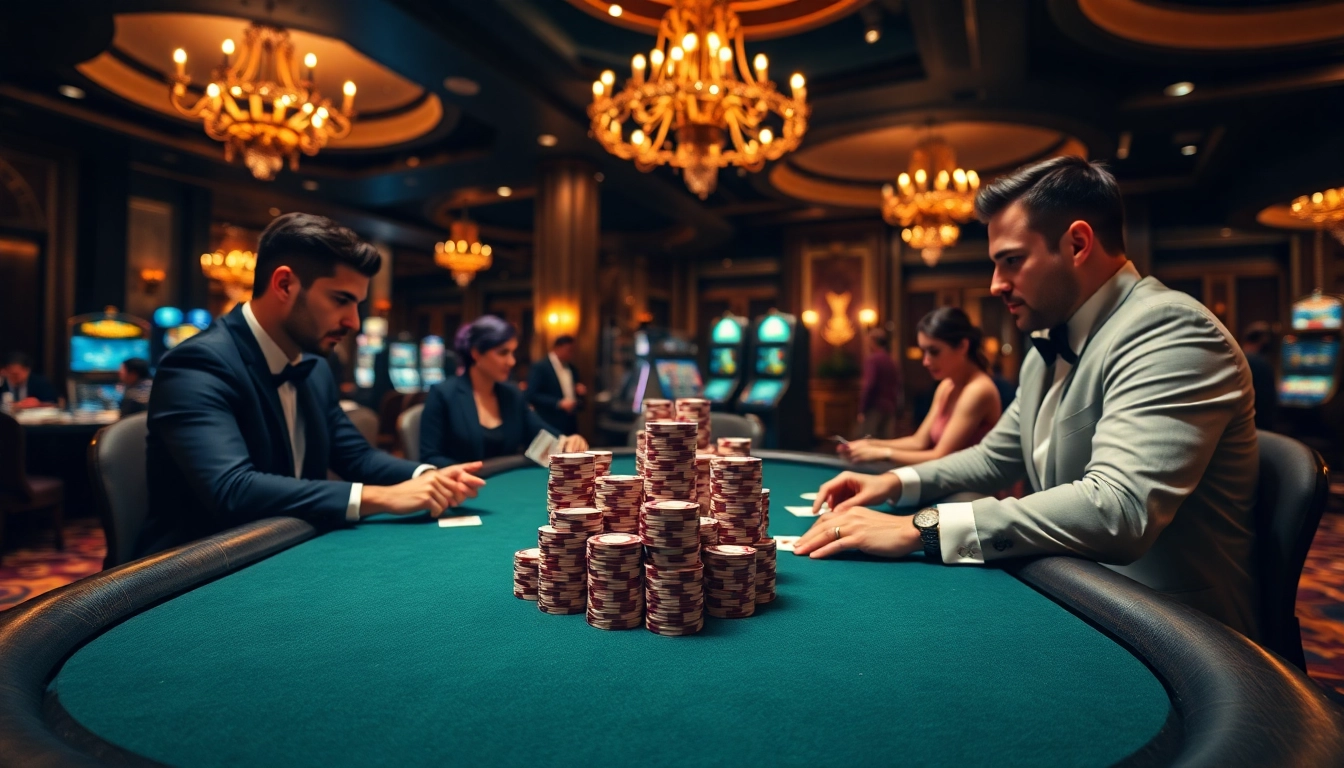 High-stakes poker scene at https://bem88.io/ with elegantly dressed players, chips, and casino ambience.