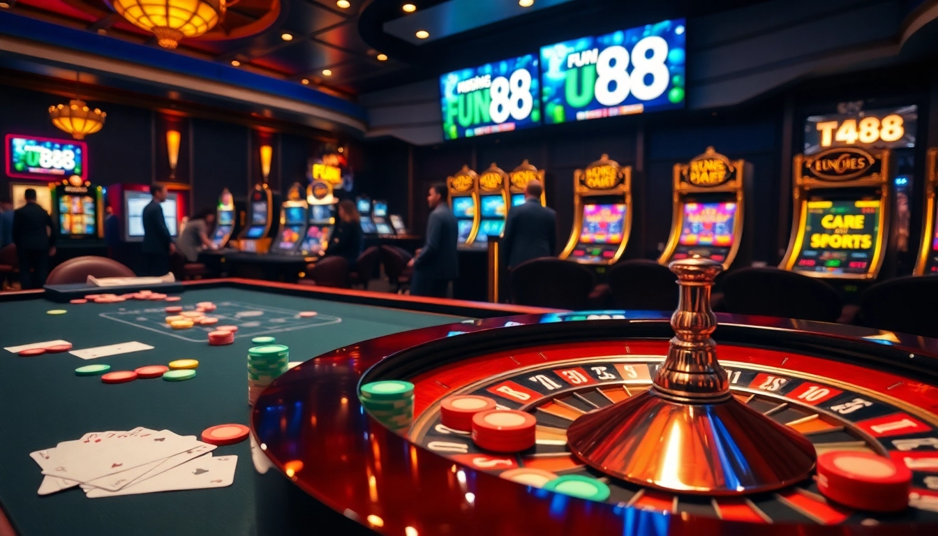 Experience the excitement of Fun 88 with poker cards and a vibrant casino atmosphere.