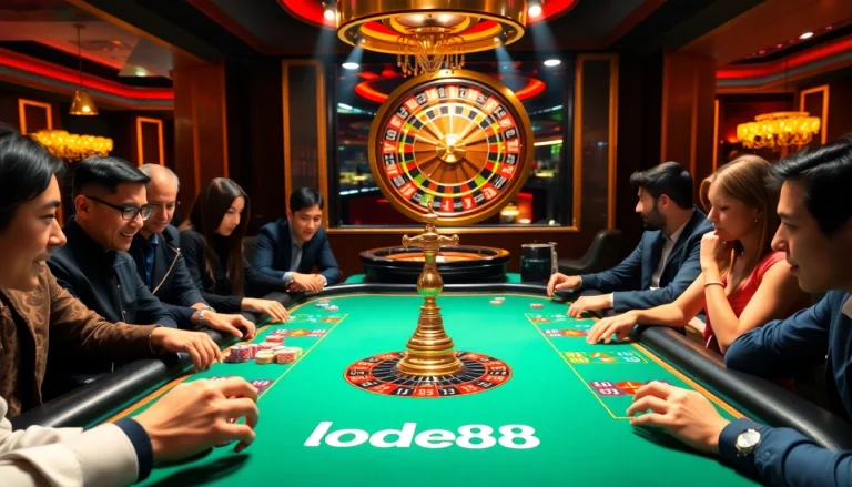 Players engaging at a lode88 poker table, showcasing excitement and strategy in a luxurious casino setting.