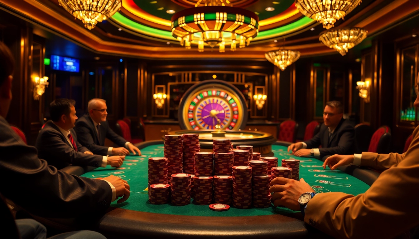 Engaging players at the rikvip poker table surrounded by vibrant chips and a roulette wheel.
