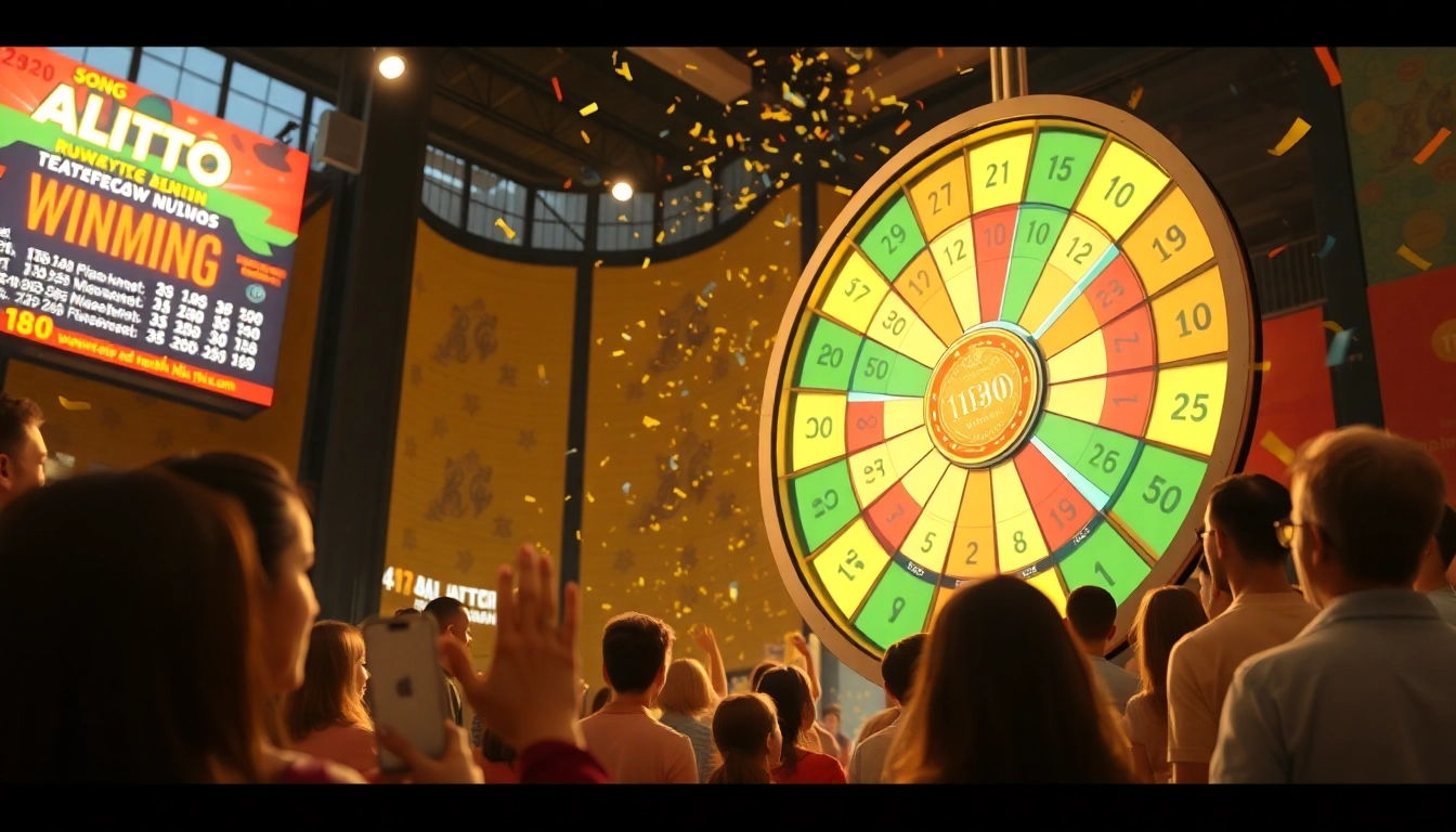 Exciting lottery scene for Song thủ lô with lottery tickets and spinning wheel.
