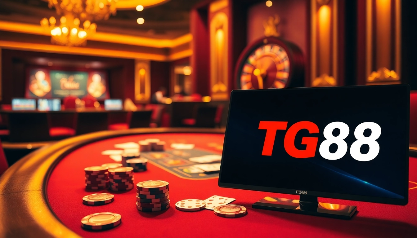 Experience thrilling gameplay at TG88.to with poker and roulette in a luxurious casino setting.