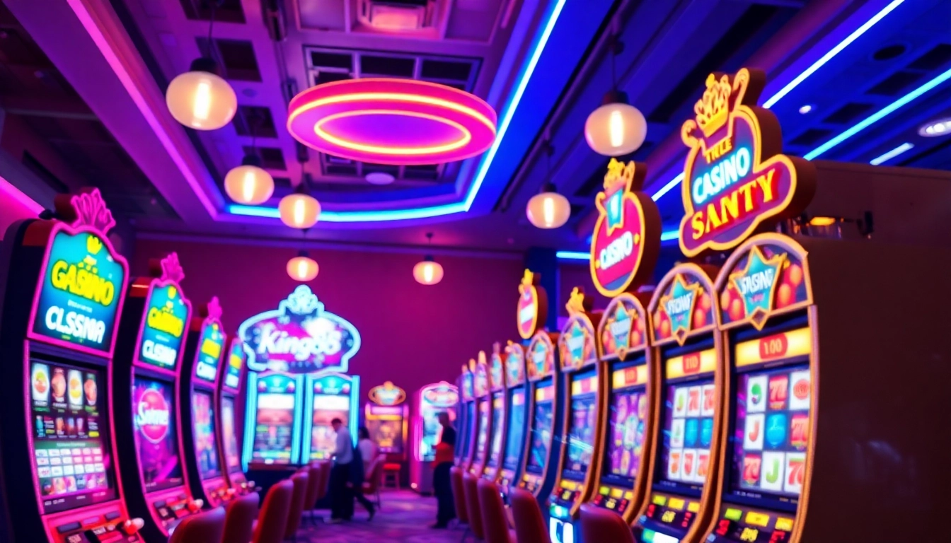 Exciting scene at KING88 casino featuring vibrant slot machines and engaged players.