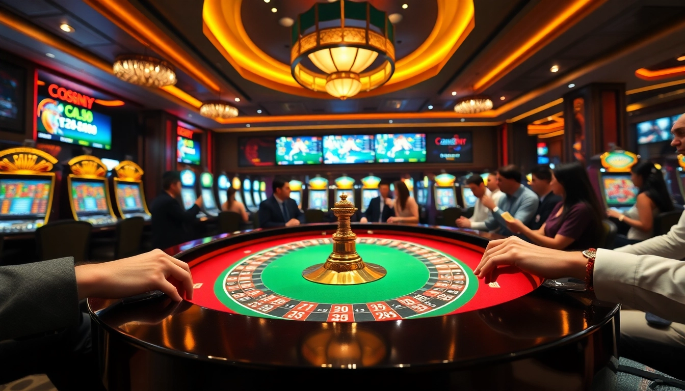 A thrilling gaming experience at https://88aa1.org/ with roulette, poker chips, and vibrant slot machines.