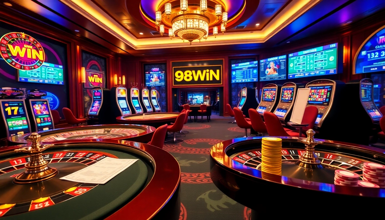 98WIN players placing bets at a vibrant online casino with roulette and poker tables.