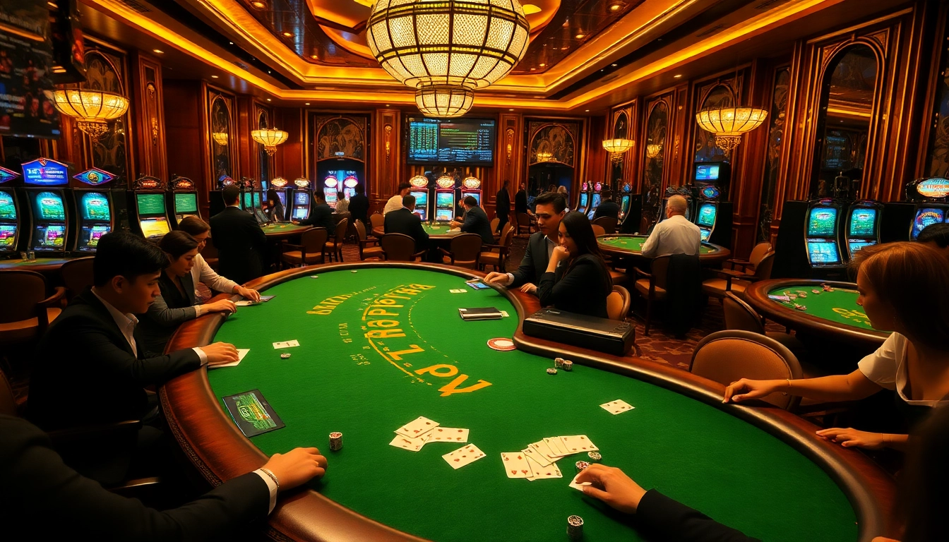 Engaged players compete at a luxurious tk88 poker table with vibrant chips and cards.