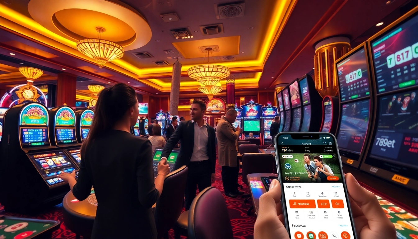 Thrilling gambling scene at 789bet showcasing poker and slot machines in a vibrant casino environment.