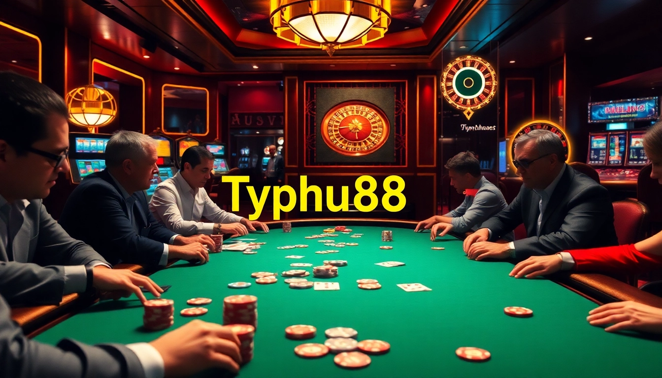 Typhu88 poker players engage in high-stakes game at luxurious casino table with vibrant colors.