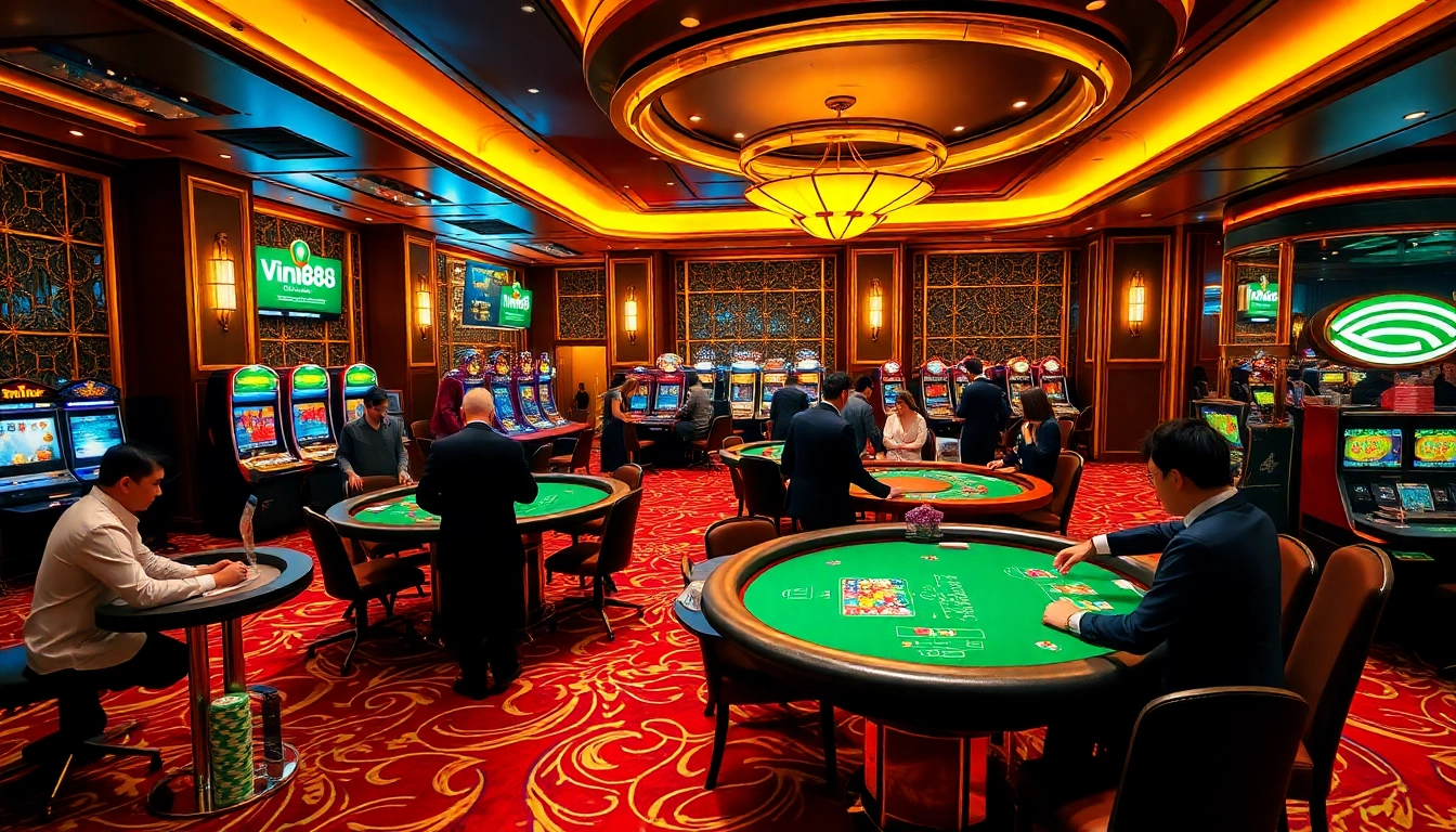 Players enjoying high-stakes action at Vin88 casino tables, featuring vibrant poker chips and professional dealers.
