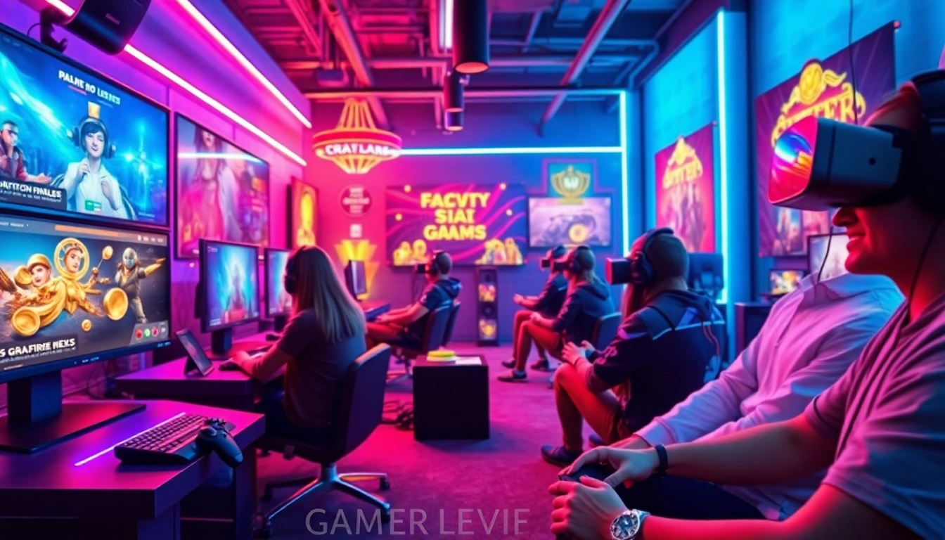 Engaging scene of nk88 online gaming environment with players and digital interfaces.