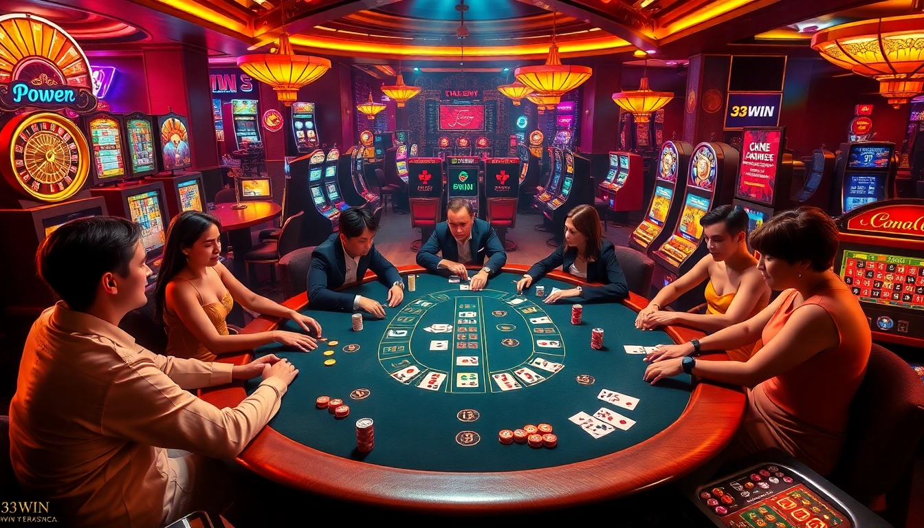 Players enjoy thrilling casino games at 33WIN, featuring poker tables and vibrant slot machines.