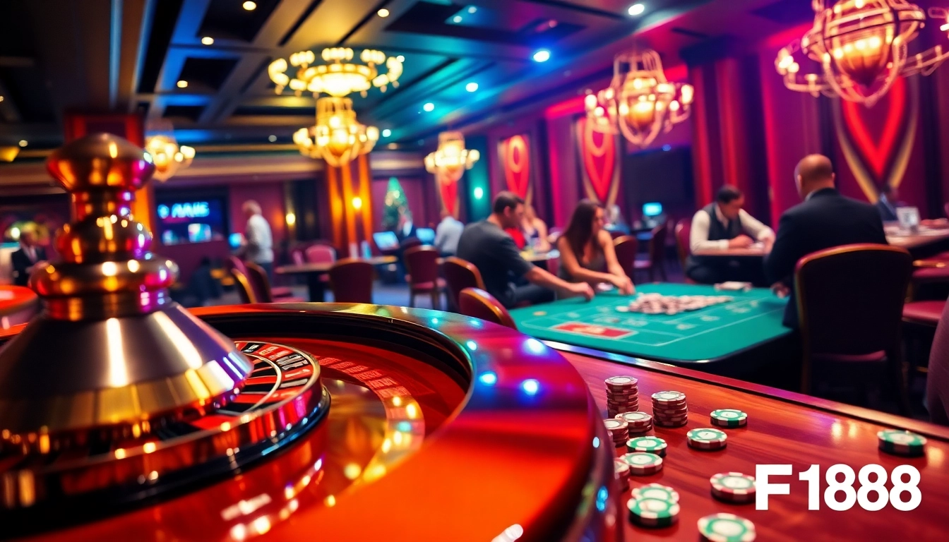 Experience the thrill of F168 casino gaming with vibrant poker tables and spinning roulette wheels.