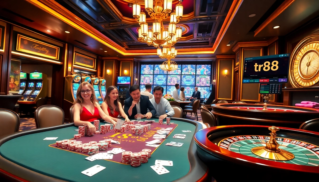 Players enjoying poker at a luxury casino with vivid chips representing the excitement of tr88 betting.