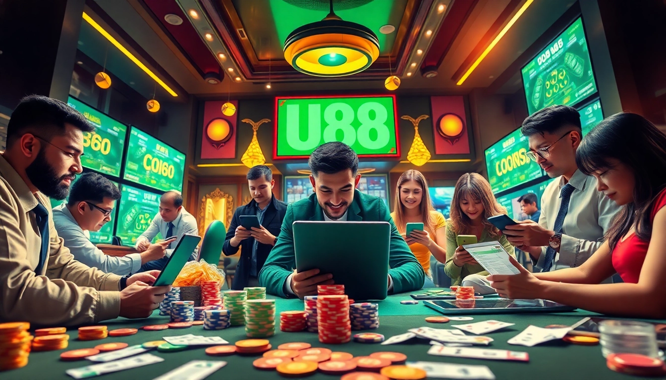 UU88 online betting scene with vibrant games, diverse players, and a modern gaming environment.
