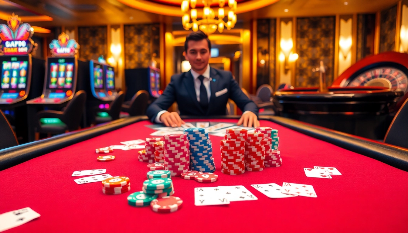 Experience thrilling gambling action with 'daga' at an exciting poker table filled with chips and cards.