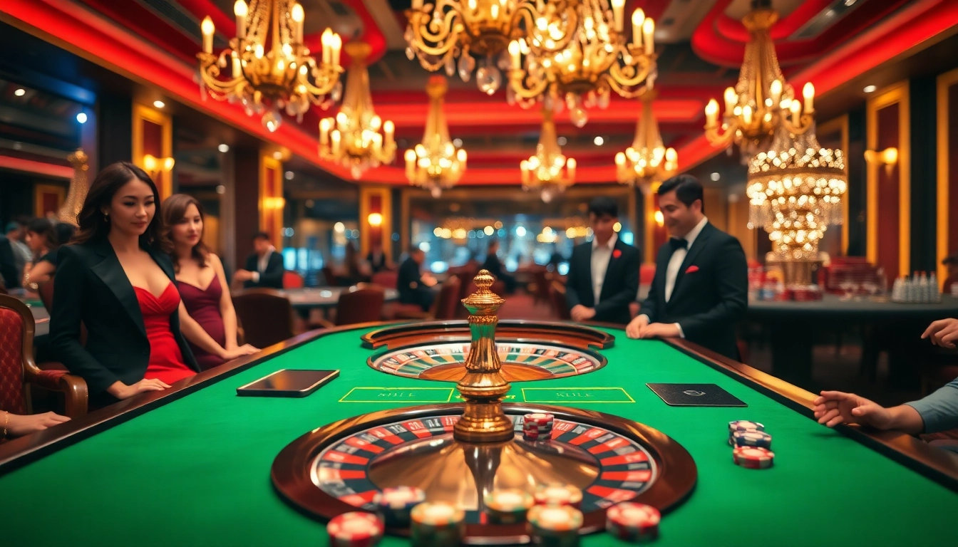 Experience thrilling gameplay at https://bl555.training/ with a luxurious casino setting featuring roulette and poker tables.