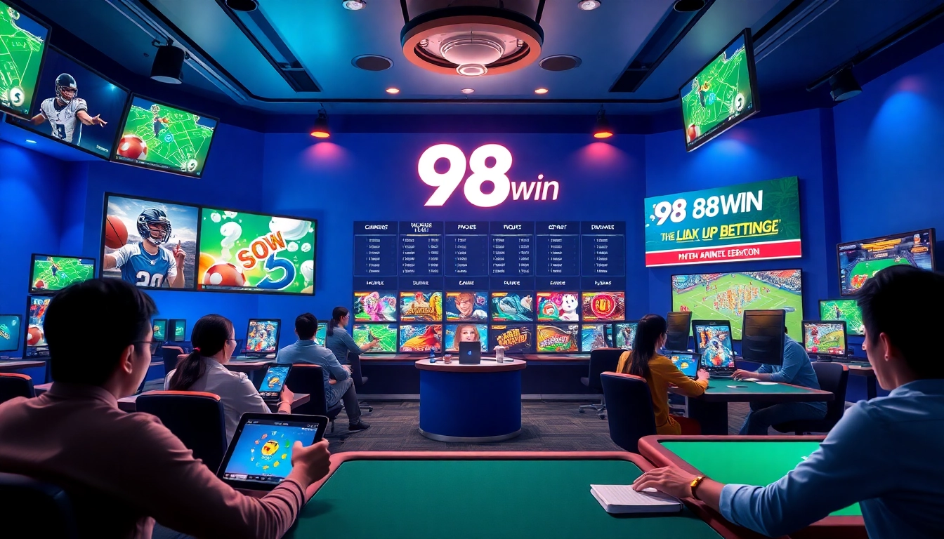 Experience the excitement of 98 win with a vibrant online gaming atmosphere showcasing sports and casino betting options.