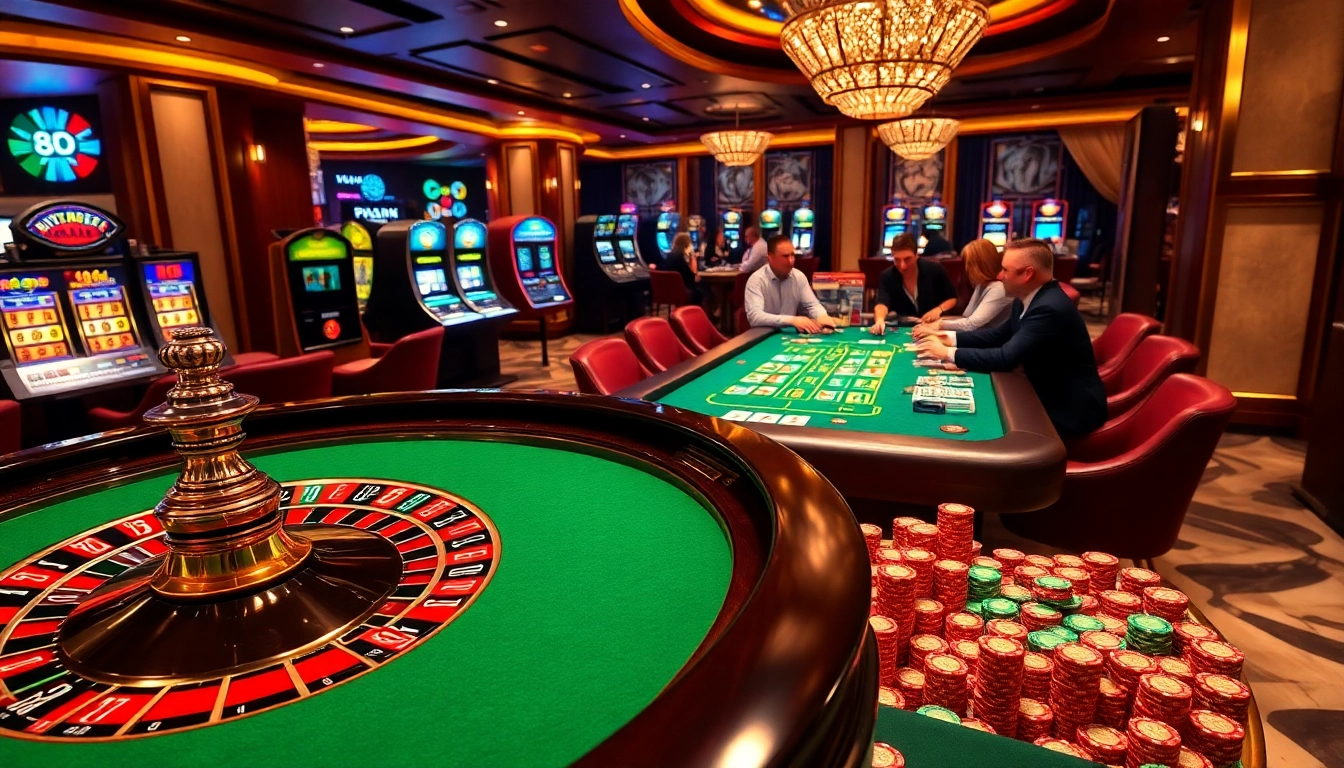 Experience the excitement of 8kbet with vibrant casino games and engaging players at a luxurious table.