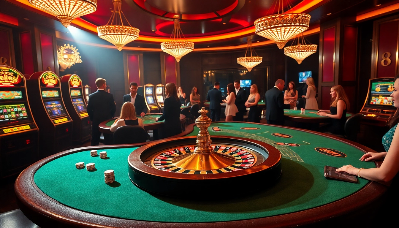 Experience a vibrant casino setting with players engaged in luck8-themed games, showcasing excitement and strategy.