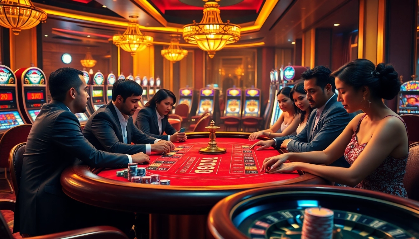 Gamblers engaged in a high-stakes poker game at https://x88.law/, highlighting excitement and luxury in a casino setting.