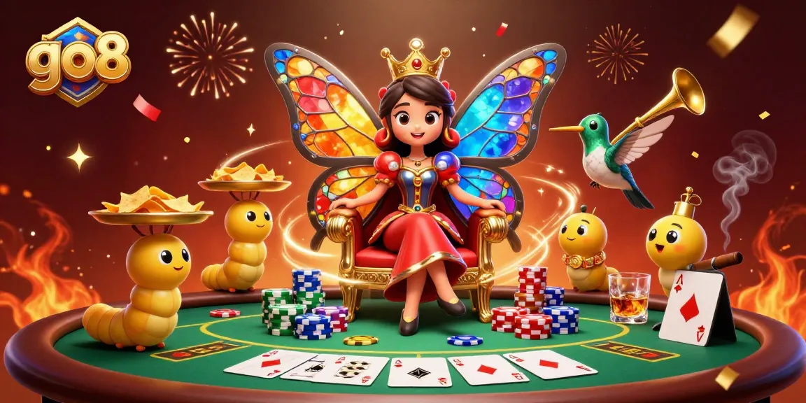 Engage in thrilling gameplay at go8 with a dazzling butterfly queen and vibrant casino elements.